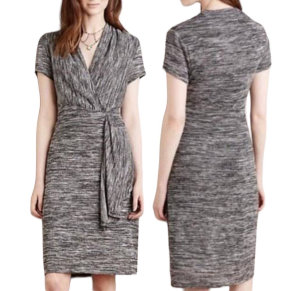 Anthropologie Maeve Faux Wrap Sweater Dress Knit V Neck Knee Length Gray Size XS